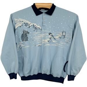 VTG 80s Women's Blue Art Unlimited Bunny Winter Henley Crewneck Sweatshirt 2XL